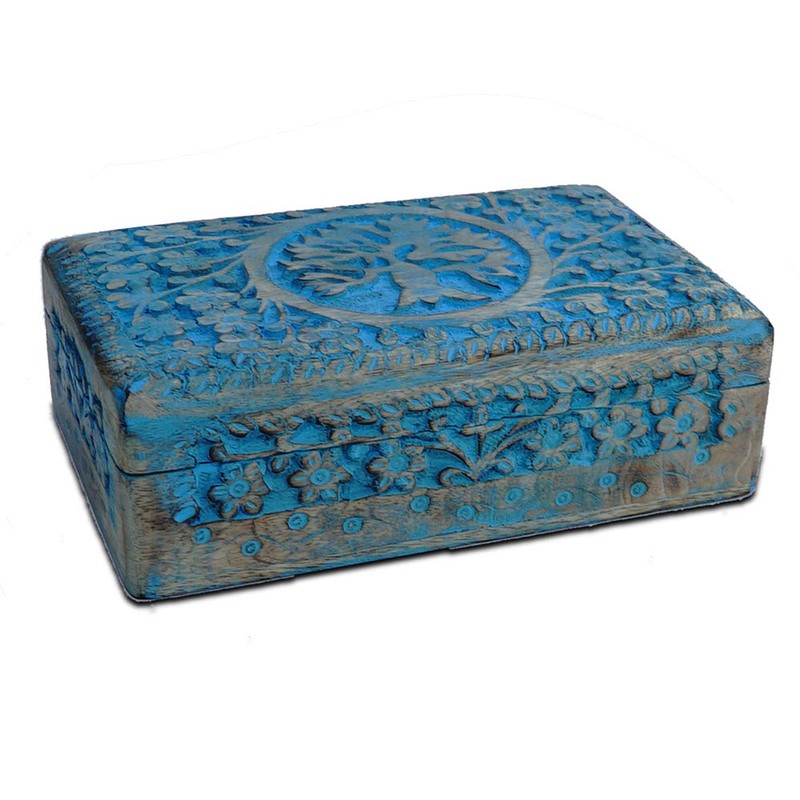 BHAVATU Handmade Blue Mango Wood Jewellery Box with Engraving Tree