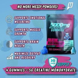 Creatine Monohydrate Gummies, 5g Creatine 30 Servings, Fast Absorbing for Men and Women, Supports Strength Muscle and Performance - 120 Count - Blue Raspberry, Premium All Natural