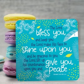Christian Coasters, Pack of 6 cork coasters, The Lord Bless you (teal), with Bible verse Numbers 6:24-26. Beautiful Christian gifts for women or men, by Just Cards Direct