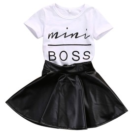 Toddler Baby Little Girls Fashion Clothes Mini Boss Shirt Tops&Leather Skirt 2Pcs Clothing Outfits Set