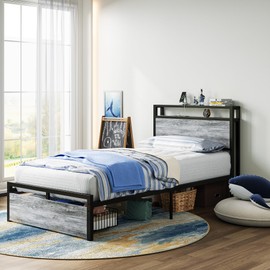 LIKIMIO Twin Bed Frames with Drawer, Storage Headboard with Outlets, No Box Spring Needed, Easy Assembly, Industrial Gray