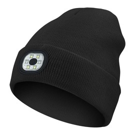 Spevert Unisex Hat with Light, LED Headlamp Winter Knitted Cap, USB Rechargeable Caps for Camping at Night Walking Dog(US, Alpha, One Size, Black)
