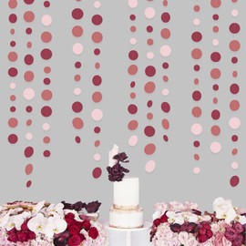 46Ft Burgundy Dusty Pink Circle Dots Garland Party Decorations Maroon Pink Hanging Paper Polka Dots Streamer for Girls Birthday Wedding Bridal Shower Baby Shower Engagement Graduation Party Decor