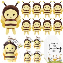 WinnerWhy 12 Sets Bee Themed Baby Shower Favors Include 12 Mini Bee Stuffed Animal Toys Bee Plush Keychains with Thank You Cards and Organza Bag Gender Reveal Party Baby Shower Decorations