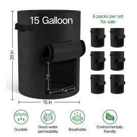 Moyios 6-Pack 15 Gallon Potato Grow Bags – Durable Nonwoven Fabric Planters with Reinforced Handles | Reusable Garden Containers for Potatoes, Vegetables (Black, 15 Gallons/6 Pack)