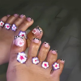 French Tip Press on Toenails Short Square Fake Toe Nails with Designs Flower Gel Glue on Toenails Leopard False Toe Nails Summer Acrylic Toenails Glossy Stick on Toenails for Women