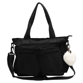 TNSLAND Cord Handbag Women's Large Handbag Corduroy Shoulder Bag Women's Zip Shopper Bag Tote Bag Women's Cord Bag Bag for Everyday, Office, School Trip and Shopping, Black