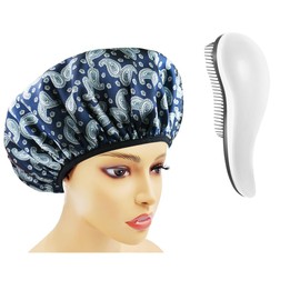 FAILOO Three-layer 3-in-1 shower cap Bath waterproof cap Extra suction hair drying cap Bathroom caphair shower cap Dry cap black satin with elastic, A reusable shower cap for women's long hair that can be used both dry and wet,One comb for smooth hair