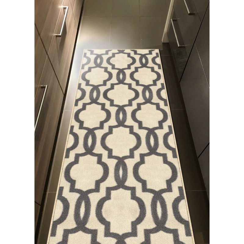 Custom Size Ivory Moroccan Trellis Rubber Backed Non-Slip Hallway Stair
