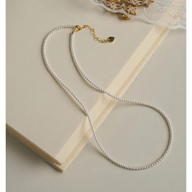 Eymi Simple Tiny Dainty Pearl Choker Necklace Jewelry for Women Sterling Silver Round White Pearl Strand Necklaces Adjustable (4MM)