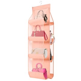 Hanging Handbag Purse Organizer, Breathable Polyester Fiber+PVC Handbag Organizer, 8 Easy Access Clear Vinyl Pockets, Wardrobe Closet Space Saving Organizers System, Washable (Light Pink)