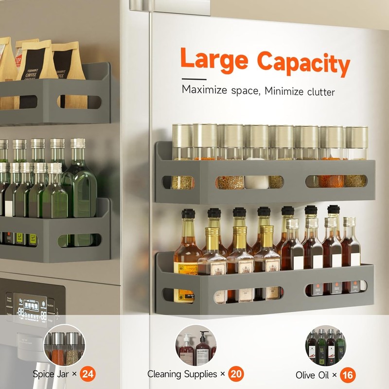 Sevenblue 4-Pack Magnetic Spice Rack for Refrigerator with Hooks, Grey