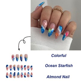 Cool Summer Press on Nails Medium Almond Fake Nails Blue Waves False Nails with Colorful Starfish Design Glossy Artificial Acrylic French Tip Glue on Nails Stick on Nails for Women and Girls 24PCS