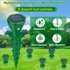 Mole Repellent Solar Powered Ultrasonic,Deer Repellent Devices,Gopher Trap Groundhog Repeller,Sonic Spikes Get Rid of All Pests Vole, Chipmunk,Cat,Skunk,Snake,Mole Trap for Lawn, Garden Yard, 4 Pack