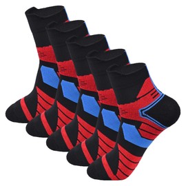 Bauvale Womens 5-Pack Black with Red Anti Blister Odor Resistant Padded Compression Quarter Crew Running Socks,Size 6-10