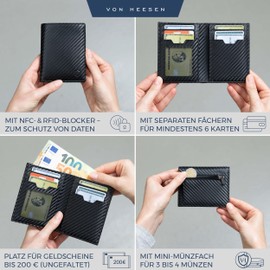 VON HEESEN® Wallets Men & Women, Black carbon, With coin compartment