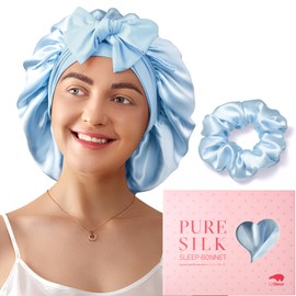 LitBear 100% Mulberry Silk Bonnet for Sleeping Women, 22 Momme Double-Layered Grade-6A Silk Hair Bonnet for Sleeping, Hair Cap for Sleeping with Tie Band on Head, Includes Scrunchie (Blue)
