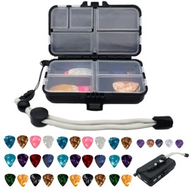 Guitar Pick Holder 35 Celluloid Guitar Picks 4 Size 4 Thickness 9 Grid Case Guitar Pick Storage Box Portable Convenient with Adjustable Wrist Strap