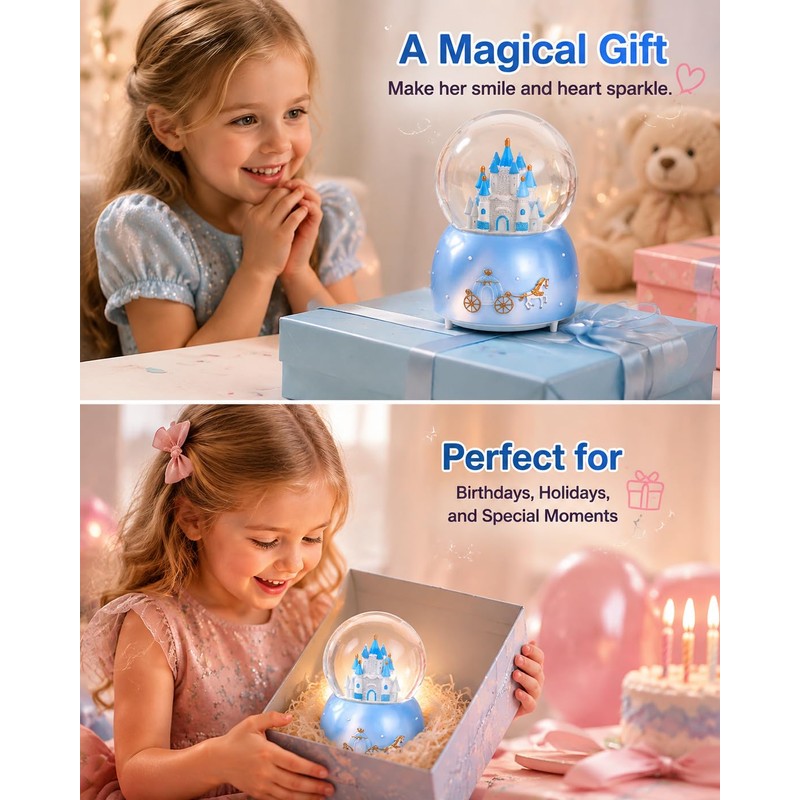 Snow Globe, Castle Musical Snowglobe with Automatic Snowfall (Blue)