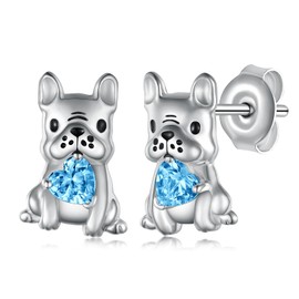 French Bulldog Earrings 925 Sterling Silver Cute Dog Stud Earrings Animal Jewelry Gifts for Women (March Birthstone)