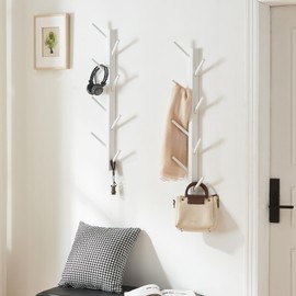 TIOPGHAD 2 Pack Coat Rack Vertical Wall Mount, Bamboo Coats Hooks Clothes Holder Hanger for Wall Coat Hat Jacket Clothing Bathroom Robes Mudroom Entryway(White)