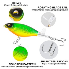 5Pcs Topwater Fishing Lures with Bait Box, 0.2oz Whopper Popper with Rotating Tail Treble Hooks, Plopper Floating Lure for Bass Crappie Walleye Catfish Pike Perch, Freshwater or Saltwater