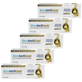 DENTTACH Adhesivo para dentaduras postizas Denttach Gold, crema adhesiva premium a base de aceite de oliva sin petróleo para dentaduras postizas compl
