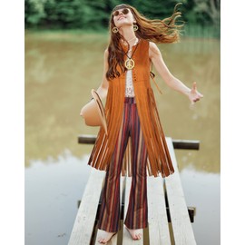 7 Pcs 60s 70s Outfits for Women Mardi Gras Cosplay Set Carnival Hippie Costume Set Fringe Vest Flared Pant Peace Sign(M)