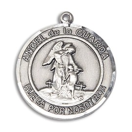 Bliss Sterling Silver Angel de la Guarda Medal Pendant Necklace 24" Chain GiftBox