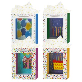 OFIHANLY 4Pcs 9" Small Size Happy Birthday Gift Bags with Handles for Women Men Kids Baby Girls Boy Party Transparent Window Paper Gift Wrap Bag with Tissue Paper