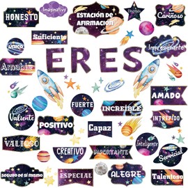 Mooliwe 45 Pcs Spanish Themed Classroom Decoration Spanish Words and Phrases Poster School Decor Cutouts Classroom Motivational Decor for Teacher Student School Office Home Themed Party(Space Style)