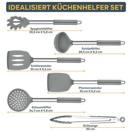 TEAMFAR Küchenhelfer Set, 6 Stück Silikon Küchenutensilien Kochbesteck mit Edelstahlgriff, Hitzebeständiger Pfannenwender Kochutensilien Set zum Kochen, Leicht zu Reinigen & Spülmaschinenfest, Grau