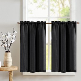 Vangao Panel Curtains, Waffle Pattern, Privacy Curtain, Window Curtain for Short Windows, Plain Light Filtering Curtain for Small Windows, Kitchen, Living Room, Cafè, 90 W x 60 H (cm) Black, 2 Pieces
