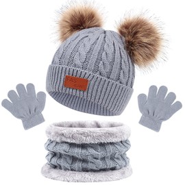 Pack of 3 Girls Winter Beanie Hat, Scarf, Gloves Set, Children's Winter Hat Scarf Gloves Set, Hat Warm Beanie Hat Boys Gloves Round Scarf Set for Children 1-6 Years Old, gray