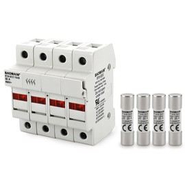 Baomain Cylindrical Fuse Holder RT18-32(X) 10mm X 38mm Fuse Base 4 Poles DIN Rail Mount With 10 PCS of RO15 Fuse (20 Amp) CE&UR Listed