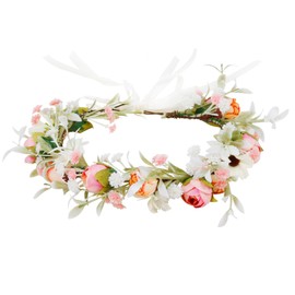 WOVOWOVO - Corona de flores para mujeres y niñas, diadema ajustable para niña de flores con cinta, corona de hadas, accesorios para el cabello de novia rosa, diadema de flores bohemias para festivales, accesorios para fotos, 1 Count (Pack of 1)