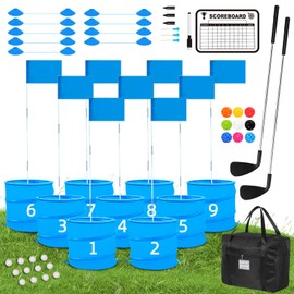 JIIFO Golf Game Set with 2 Clubs,Practice Golf with 9 Buckets, Outdoor Golf Gift for Family and Adults,Holes Golf Outdoor Game for Lawn,Yard,Camping,Park