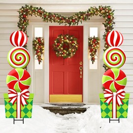 Bunny Chorus Christmas Decorations Outdoor, 2pcs Large Lollipop Peppermint Candy Gift Box Yard Metal Stakes Xmas Decor, 43" Colorful Winter Sign for Lawn Front Door Garden Home Farmhouse Outside Party