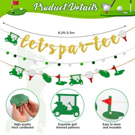 3 Pcs Golf Themed Banner Golf Party Decoration Let's Par-tee Birthday Banner Decor for Outdoor Indoor Home Retirement Sport Party (Gold Glitter)