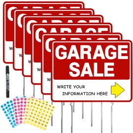 Garage Sale Sign, 6 Pcs 17" x 13" Garage Sale Sign with Stakes Double-Sided, Garage Sale Sign with Arrow Stickers, Garage Sale Signs with Metal Stakes,Weatherproof for Sales Event