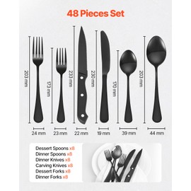 VEVOR 48-Piece Black Silverware Set with Steak Knives, Food-Grade Stainless Steel Flatware Utensils for 8, Mirror Finished Cutlery Set, Dishwasher Safe Eating Tableware for Kitchen Home, Service for 8