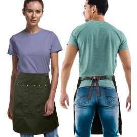 Under NY Sky Half Barista Apron - Leather Strap & Loop, Riveted - Restaurant, Waiter, Server - Green