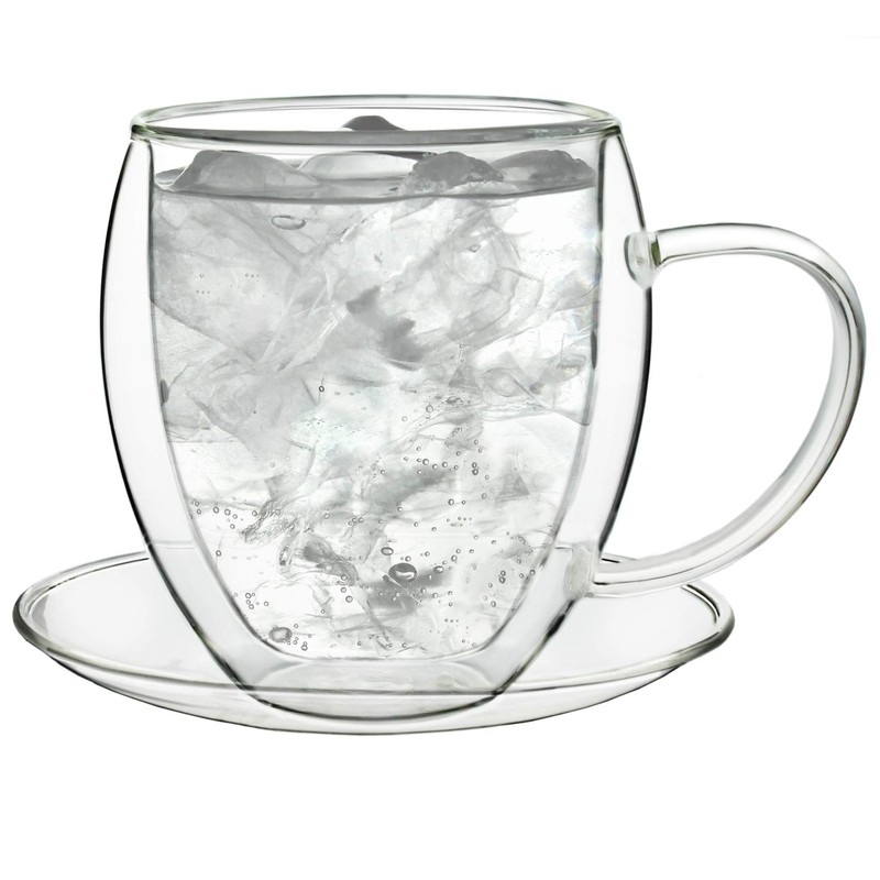 Creano Double Walled Coffee Glasses with Handle & Saucer 250ml