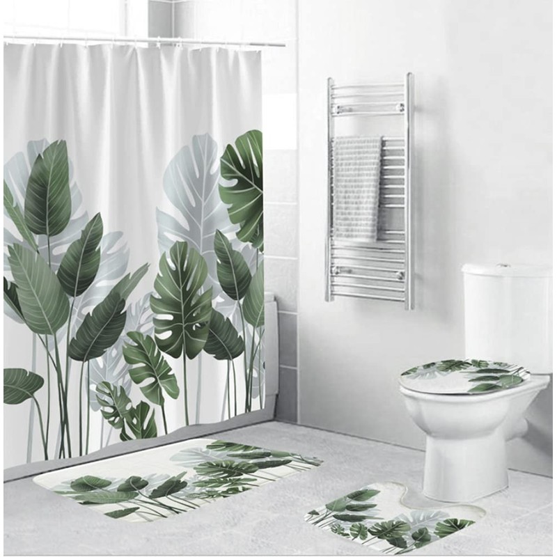 Xshelley Three Piece Tropical Leaf Plant Bathroom Bath Mat, Non-Slip