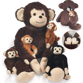 Youthfuljive 5 in 1 Monkey Stuffed Animal with Babies, Large Huggable Stuffed Monkey Plush Toy Mom and 4 Baby Stuffed Animal Monkeys Hanging Plush Doll Toy Monkeys for Kids Girls Boys Birthday