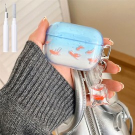 COTYPOFLIYTT Compatible with AirPods 3rd Generation Case 2021 Soft TPU with Cleaner Kit Cartoon Fish Keychain Protection Cover for Airpods 3-Clear Blue