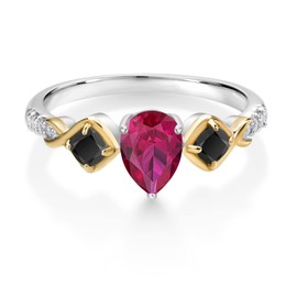 Gem Stone King 925 Silver and 10K Yellow Gold Pear Shape Red Created Ruby Black Onyx and White Lab Grown Diamond Ring For Women (1.31 Cttw, Gemstone Birthstone, Available In Size 5, 6, 7, 8, 9)