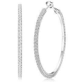 Kakonia Silver Hoop Earrings for Women 925 Sterling Silver Post Big Hoop Earrings Large Hoop Cubic Zirconia Earrings 50MM Bridal Wedding Jewelry