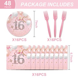 48PCS Sweet 16 Birthday Supplies for Girls Pink 16th Party Decorations for Birtahday Party Inculde Desserts Plates Napkins Forks