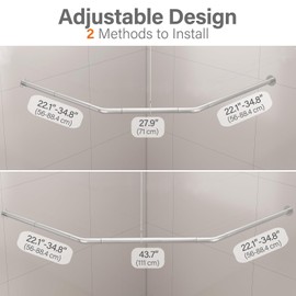 Yampos Diamond Shaped Corner Shower Curtain Rod, [Both Sides: 22"-34.8", Middle: 28"-43.7"] Adjustable Heavy Duty Angled Shower Curtain Pole for Bathroom with 12 Hooks & Ceiling Support